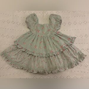 Shabby Chic Mint Green Floral Ruffle Dress with Pink Blooms